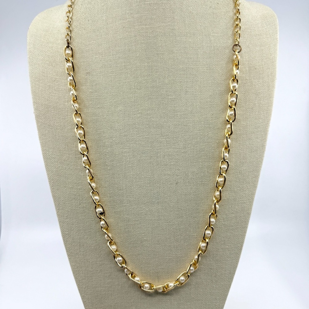 Gold Tone Chain Necklace with Faux Pearls Statement Layering Piece Chic Jewelry